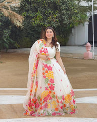 Stylish Multi Flower Print White Color Lehenga Choli Stylish Multi Flower Print White Color Lehenga Choli