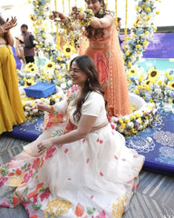 Stylish Multi Flower Print White Color Lehenga Choli Stylish Multi Flower Print White Color Lehenga Choli