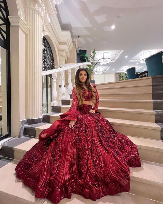 Beautiful Embellished Sequence Work Maroon Net Lehenga Choli