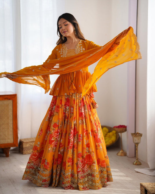 Digital Flower Print Mustard Lehenga Choli With Koti