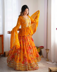 Digital Flower Print Mustard Lehenga Choli With Koti Digital Flower Print Mustard Lehenga Choli With Koti