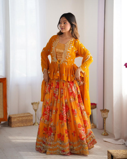 Digital Flower Print Mustard Lehenga Choli With Koti