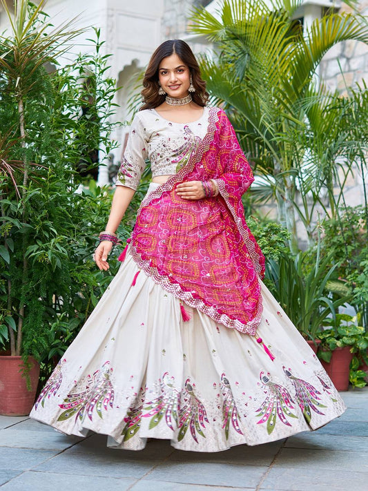Multi Thread Work White Color Lehenga Choli With Pink Dupatta