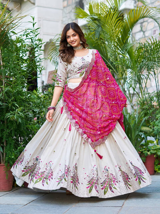 Multi Thread Work White Color Lehenga Choli With Pink Dupatta