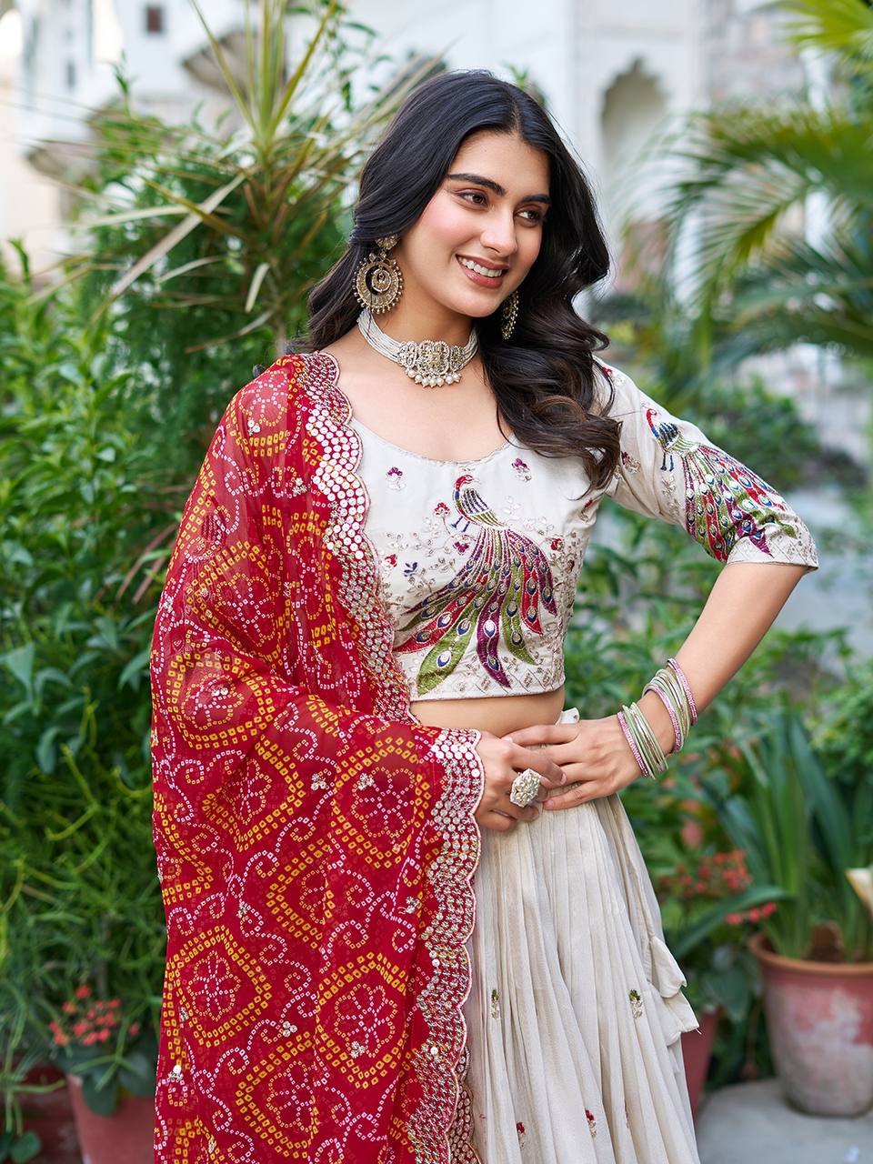 Multi Thread Work White Color Lehenga Choli With Red Dupatta