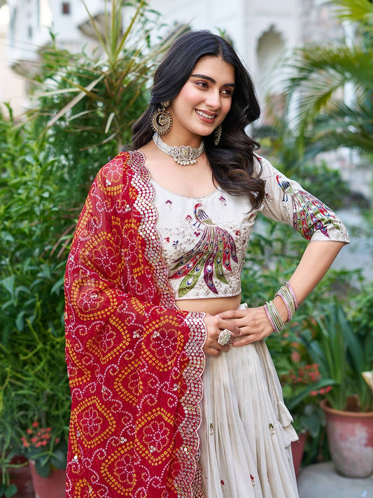 Multi Thread Work White Color Lehenga Choli With Red Dupatta