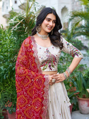 Multi Thread Work White Color Lehenga Choli With Red Dupatta Multi Thread Work White Color Lehenga Choli With Red Dupatta