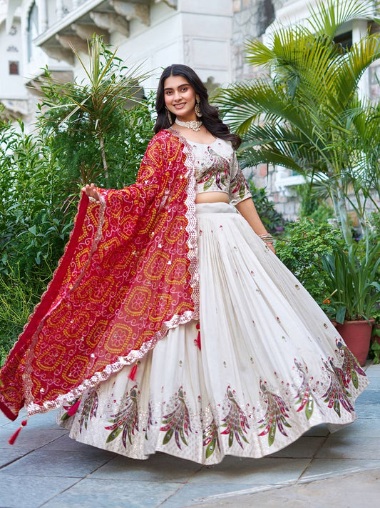Multi Thread Work White Color Lehenga Choli With Red Dupatta