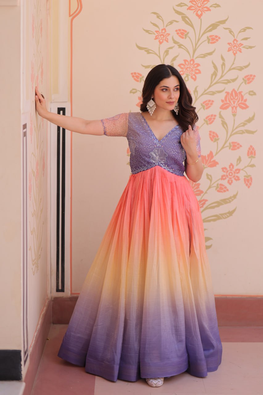 Double Shade Lavender Color Gold Crush Gown