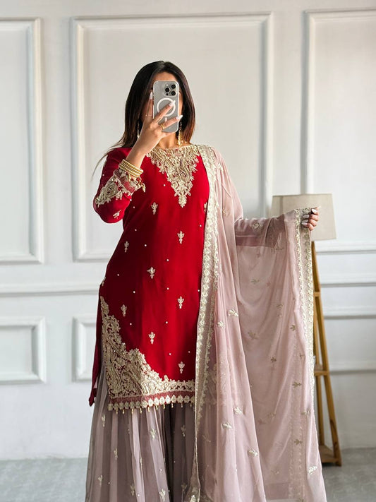 Wedding & Party Wear Embroidery Heavy Work Red Color Sharara Suit