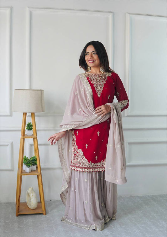 Wedding & Party Wear Embroidery Heavy Work Red Color Sharara Suit