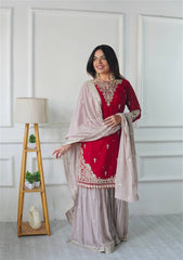 Wedding & Party Wear Embroidery Heavy Work Red Color Sharara Suit Wedding & Party Wear Embroidery Heavy Work Red Color Sharara Suit
