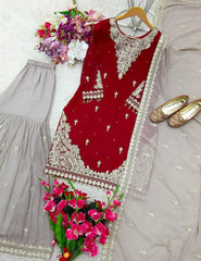 Wedding & Party Wear Embroidery Heavy Work Red Color Sharara Suit Wedding & Party Wear Embroidery Heavy Work Red Color Sharara Suit