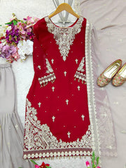 Gorgeous Embroidery Heavy Work Red Color Sharara Suit Gorgeous Embroidery Heavy Work Red Color Sharara Suit