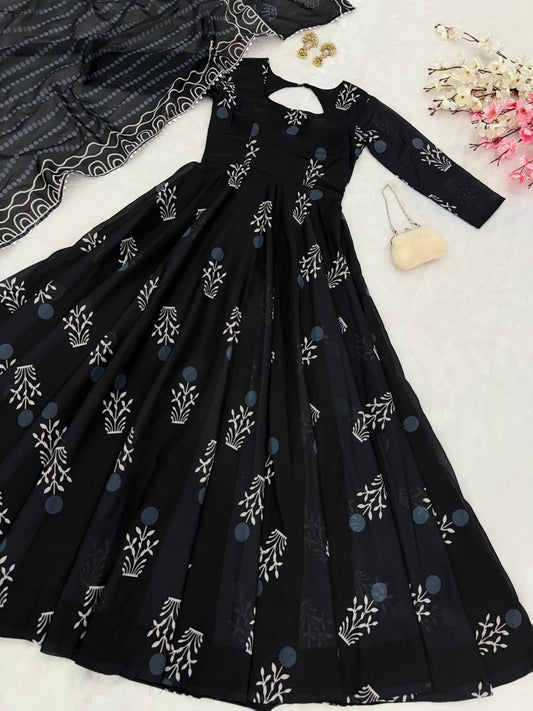 Casual Wear Printed Black Color Anarkali Gown