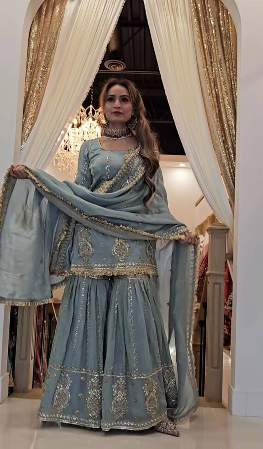 Teal Blue Color Heavy Work Gorgeous Sharara Suit