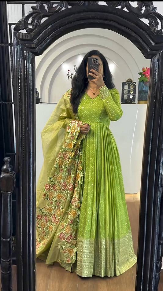 Wonderful Chinon Silk Green Color Gown