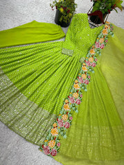 Wonderful Chinon Silk Green Color Gown Wonderful Chinon Silk Green Color Gown