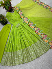Wonderful Chinon Silk Green Color Gown Wonderful Chinon Silk Green Color Gown