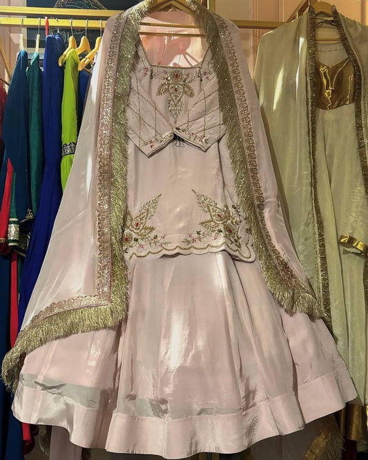 Designer Hand Work Beige Color Top With Lehenga