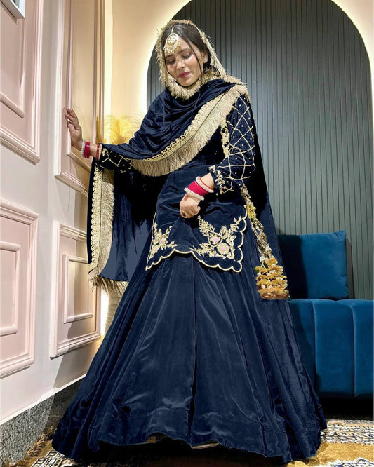 Designer Hand Work Navy Blue Color Top With Lehenga