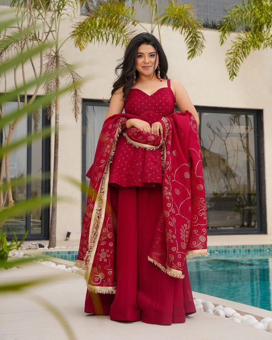 Amazing Organza Mukesh Work Red Color Palazzo Suit