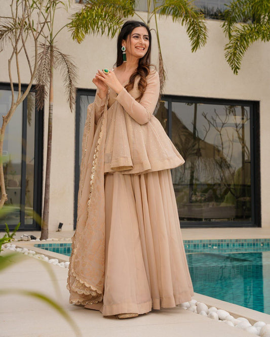 Amazing Organza Mukesh Work Beige Color Palazzo Suit