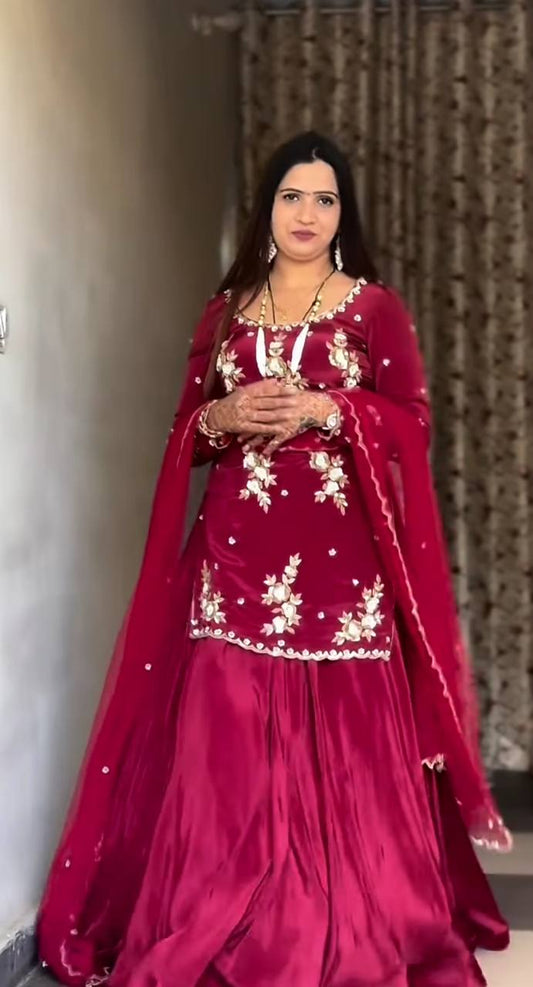 Flattering Embroidery Work Marron Color Top With Lehenga Choli