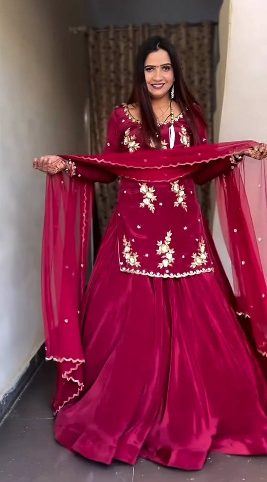 Flattering Embroidery Work Marron Color Top With Lehenga Choli