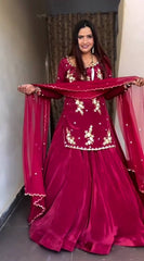 Flattering Embroidery Work Marron Color Top With Lehenga Choli Flattering Embroidery Work Marron Color Top With Lehenga Choli