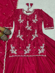 Flattering Embroidery Work Marron Color Top With Lehenga Choli Flattering Embroidery Work Marron Color Top With Lehenga Choli