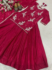 Flattering Embroidery Work Marron Color Top With Lehenga Choli Flattering Embroidery Work Marron Color Top With Lehenga Choli