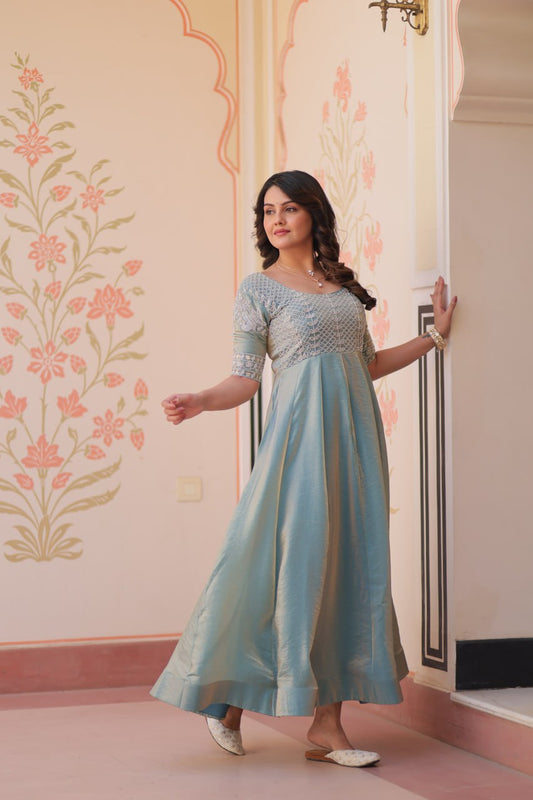Flattering Embroidered Work Rama Color Gown