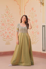 Flattering Embroidered Work Mehndi Color Gown Flattering Embroidered Work Mehndi Color Gown