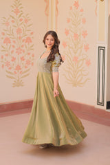 Flattering Embroidered Work Mehndi Color Gown Flattering Embroidered Work Mehndi Color Gown