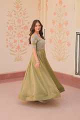Flattering Embroidered Work Mehndi Color Gown Flattering Embroidered Work Mehndi Color Gown