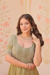 Flattering Embroidered Work Mehndi Color Gown Flattering Embroidered Work Mehndi Color Gown