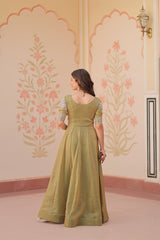 Flattering Embroidered Work Mehndi Color Gown Flattering Embroidered Work Mehndi Color Gown