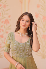 Flattering Embroidered Work Mehndi Color Gown Flattering Embroidered Work Mehndi Color Gown