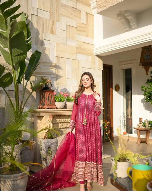Shining Embroidery Work Pink Color Gown