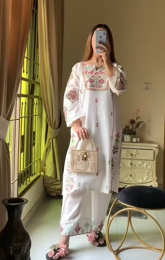 Beautiful Flower Print White Color Palazzo Suit