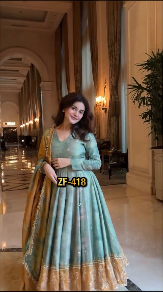 Exclusive Organza Silk Teal Green Color Gown