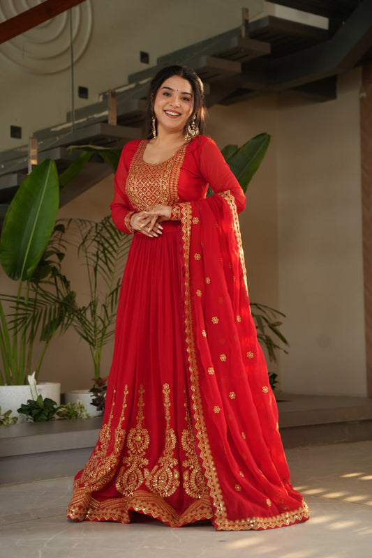 Traditional Wear Embroidered work Red Color Gown
