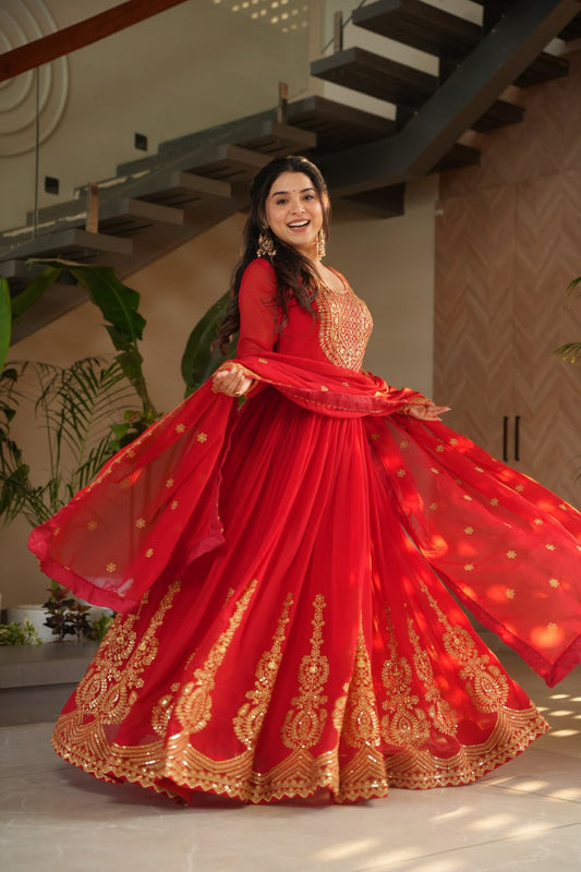 Traditional Wear Embroidered work Red Color Gown