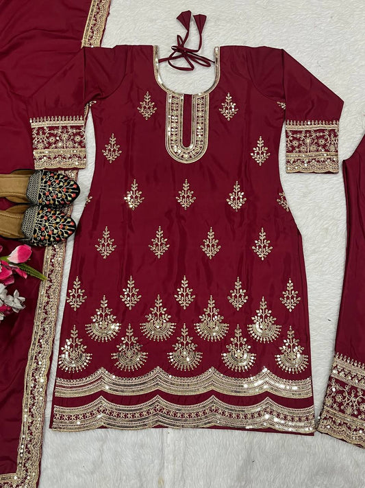 Occasion Wear Heavy Embroidery Work marron Color Palazzo Suit