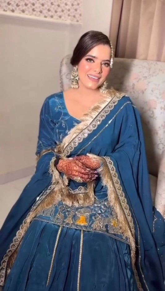 Glimmering Heavy Work Navy Blue Color Top With Lehenga Choli
