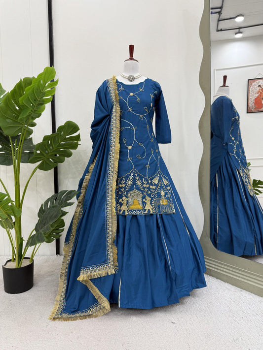 Glimmering Heavy Work Navy Blue Color Top With Lehenga Choli