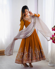 Orange Color Multi Thread Work Gown With White Dupatta Orange Color Multi Thread Work Gown With White Dupatta