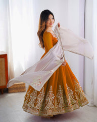 Orange Color Multi Thread Work Gown With White Dupatta Orange Color Multi Thread Work Gown With White Dupatta