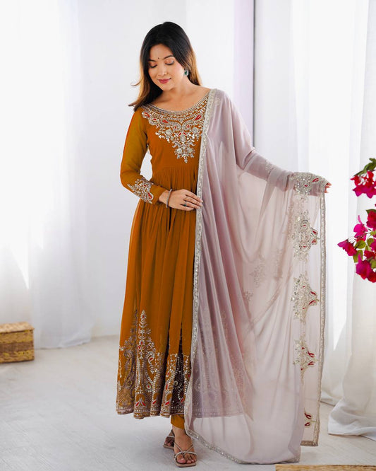 Orange Color Multi Thread Work Gown With White Dupatta